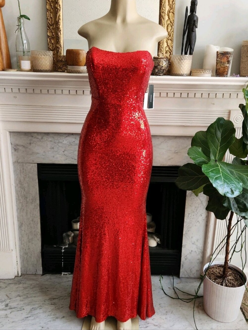 Lulus Red Sequin Mermaid Maxi Prom Dress Size M Strapless Stretch Glamoratti - Picture 2 of 9